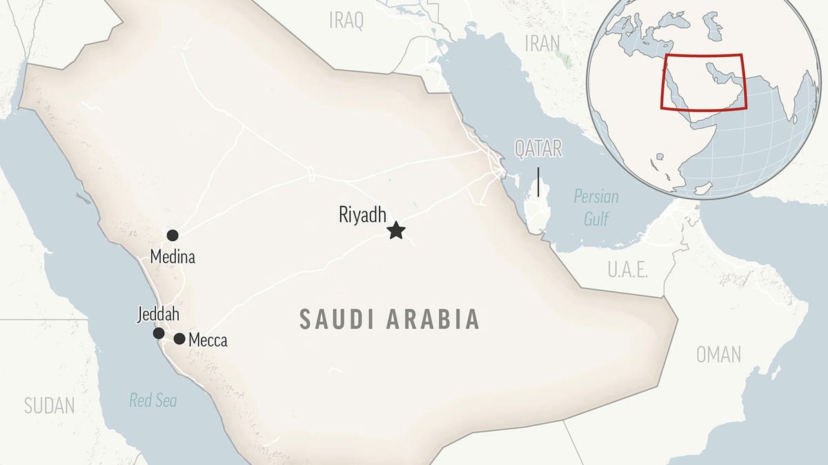 This is a locator map for Saudi Arabia with its capital, Riyadh.
