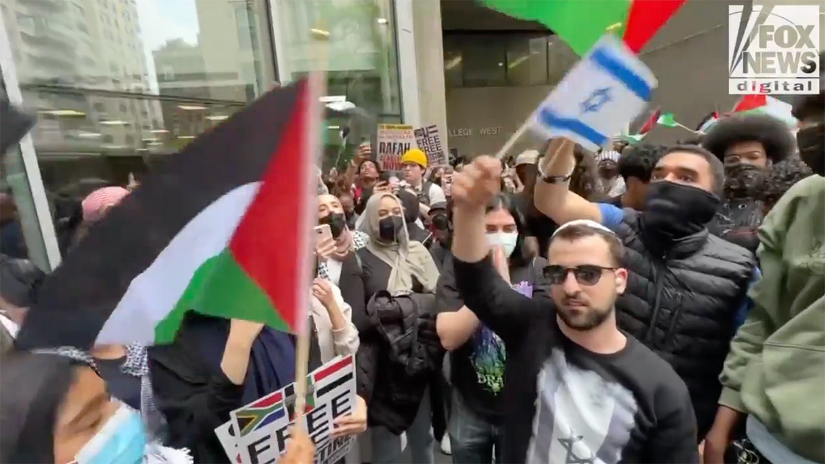 Man waving Israel flag amid anti-Israel protesters