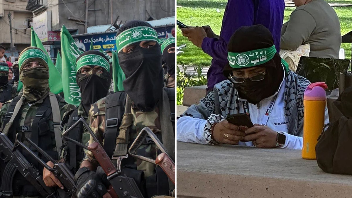 Hamas fighters and a man wearing a Hamas headband