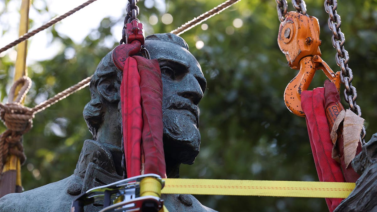 Statue of Confederate General Thomas Stonewall Jackson being removed in Charlottesville Virginia