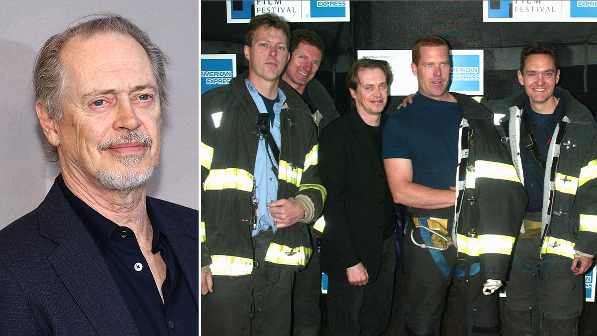 Side by side photos of Steve Buscemi solo and with a group of firefighters