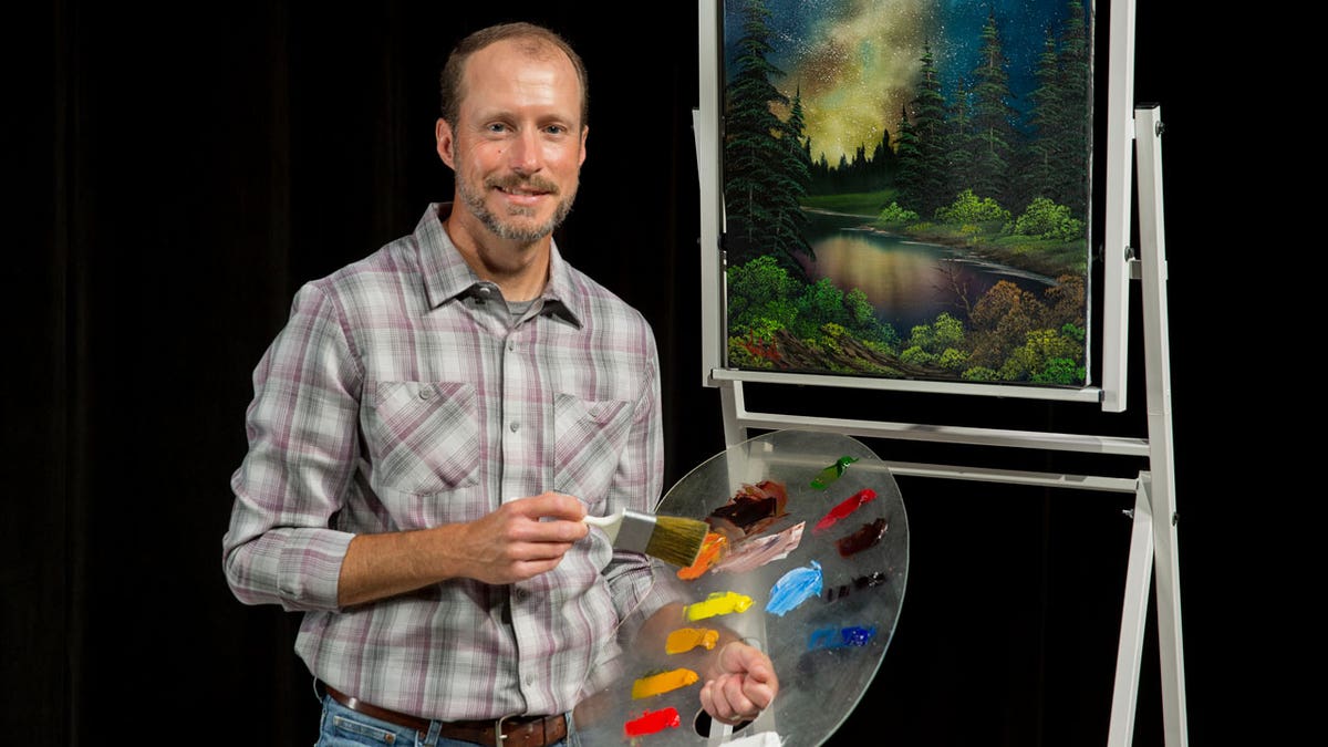 Nicholas Hankins is seen in the studio during a taping of "The Joy of Painting with Nicholas Hankins: Bob Ross' Unfinished Season."