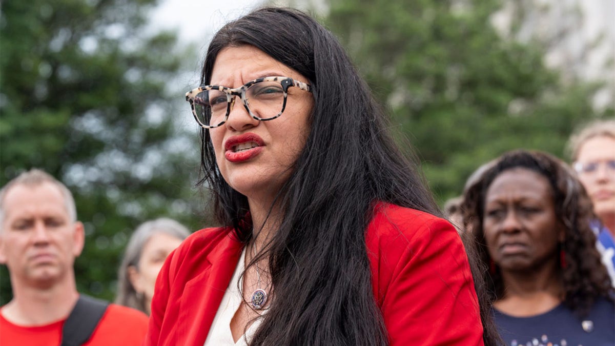 Rep. Rashida Tlaib, D-Mich., and union activists discuss free speech on college campuses, at the Capitol in Washington, Thursday, May 23, 2024.