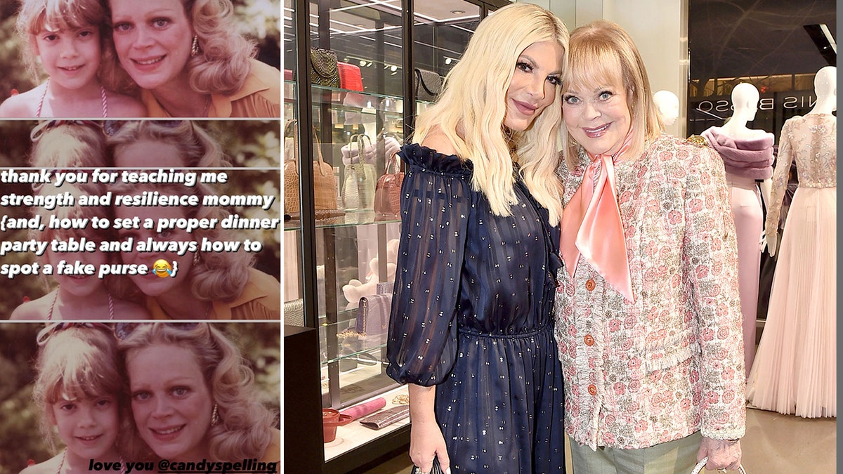 Fotos lado a lado de la historia de Instagram de Tori Spelling y una foto de Tori Spelling y Candy Spelling