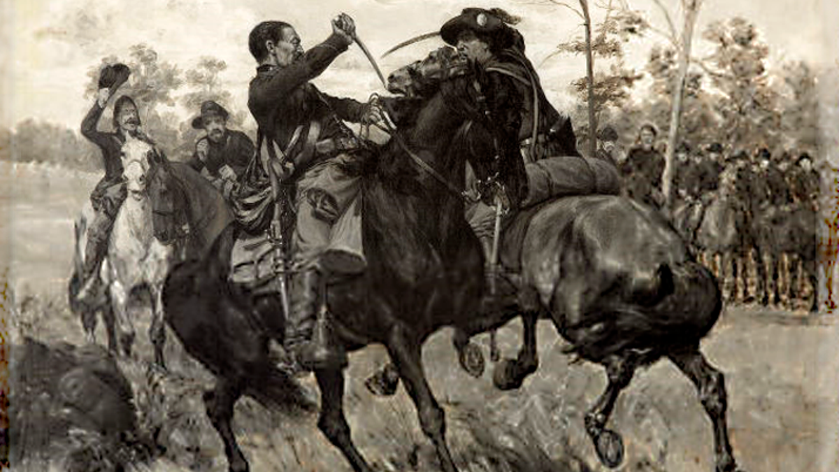 This William B. T. Trego painting depicts a cavalry duel during Confederate Gen. Jeb Stuart’s famous ride around Union Gen. George McClellan during the American Civil War.