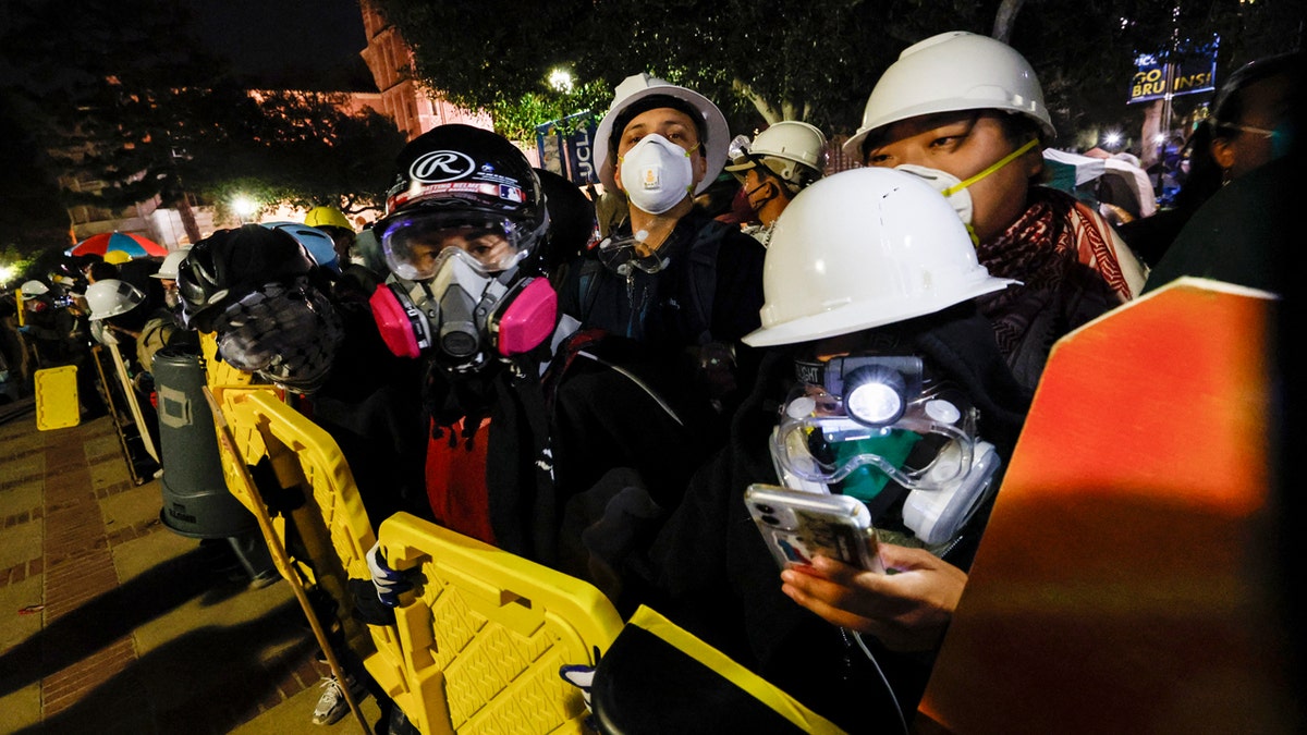 Protesters wearing look masks