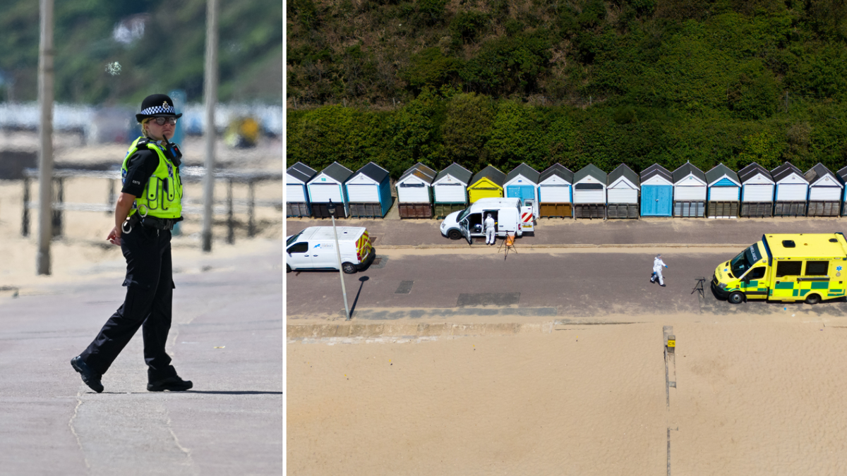 Split image of officer walking and emergency vehicles at beach