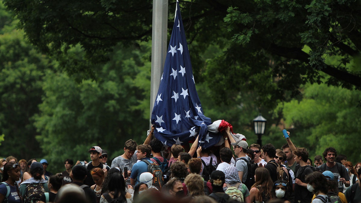UNC Chapel Hill students clasp  up   the American emblem  during a field  protest