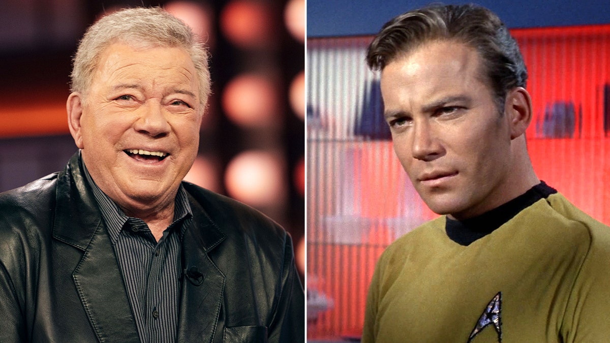 Side by side photo of William Shatner and William Shatner in character as Captain Kirk