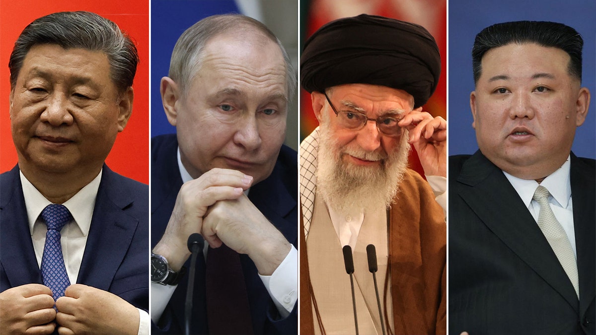 Four way split photo of Xi Jinping, Vladimir Putin, Ali Khamenei and Kim Jong Un.