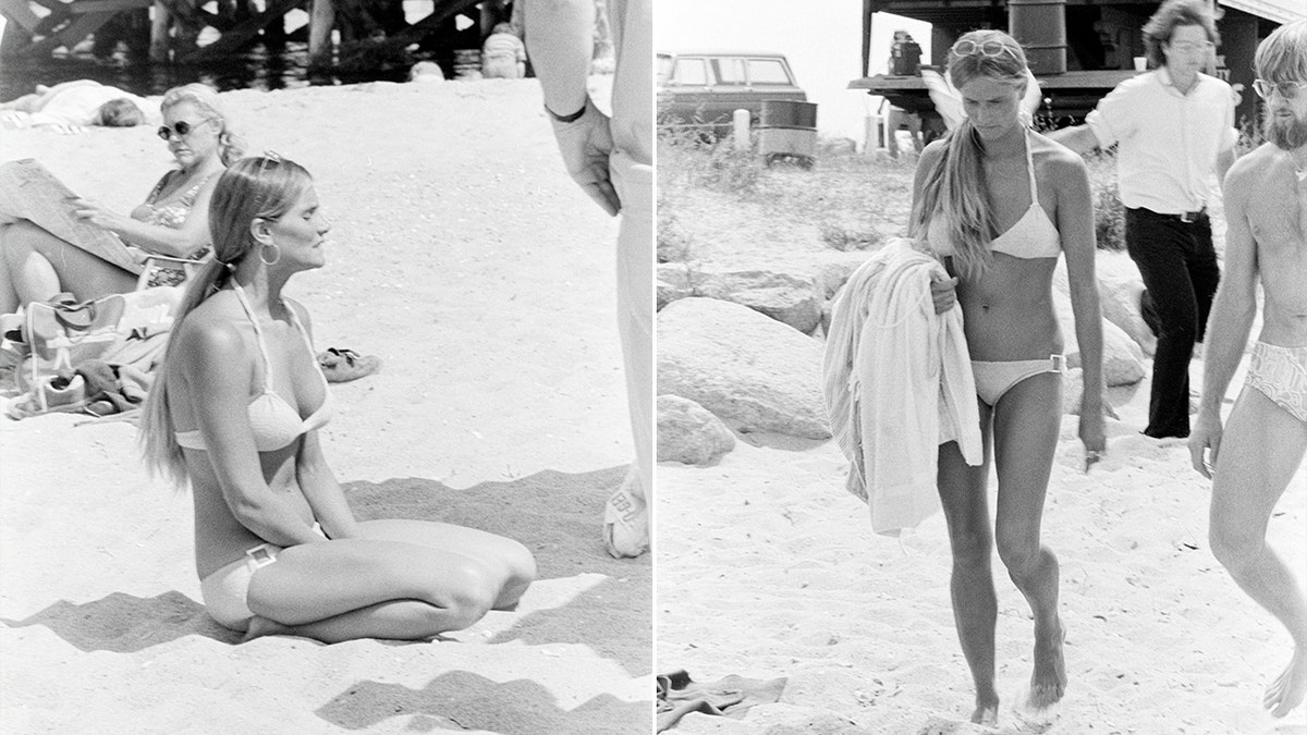 Susan Backlinie sitting on the sand split walking on the sand behind the scenes of "Jaws"