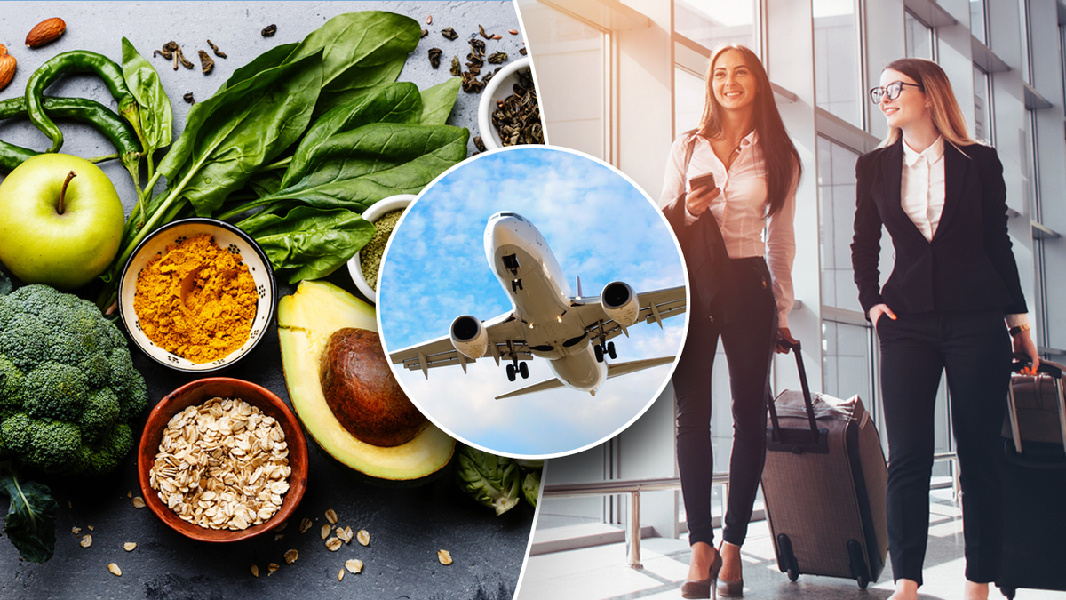 healthy foods, airplane and people walking in an airport