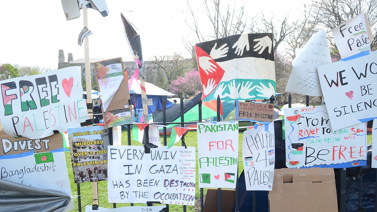 Anti-Israel signs at Northwestern University encampment