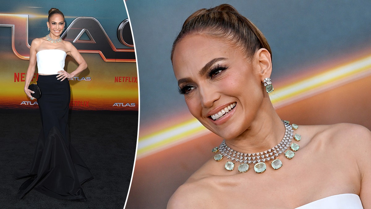Jennifer Lopez in a dress with a white top and black skirt smiles on the carpet inset a close up image of JLo at the same event showing off her gorgeous green stone necklace