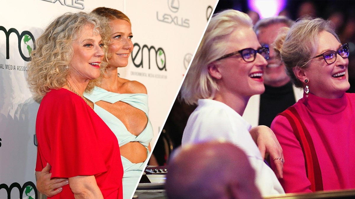 Diagonally split photo of Blythe Danner and Gwyneth Paltrow on left and Mamie Gummer and Meryl Streep on right