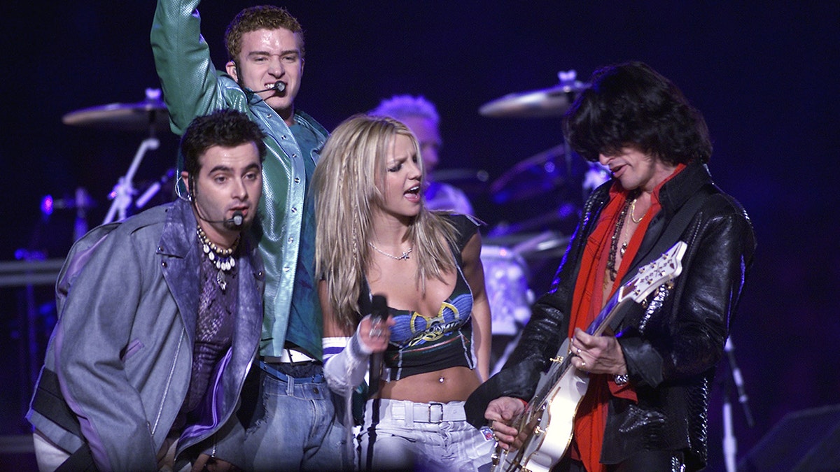 Britney Spears and Nsync on stage at the Superbowl with Aerosmith