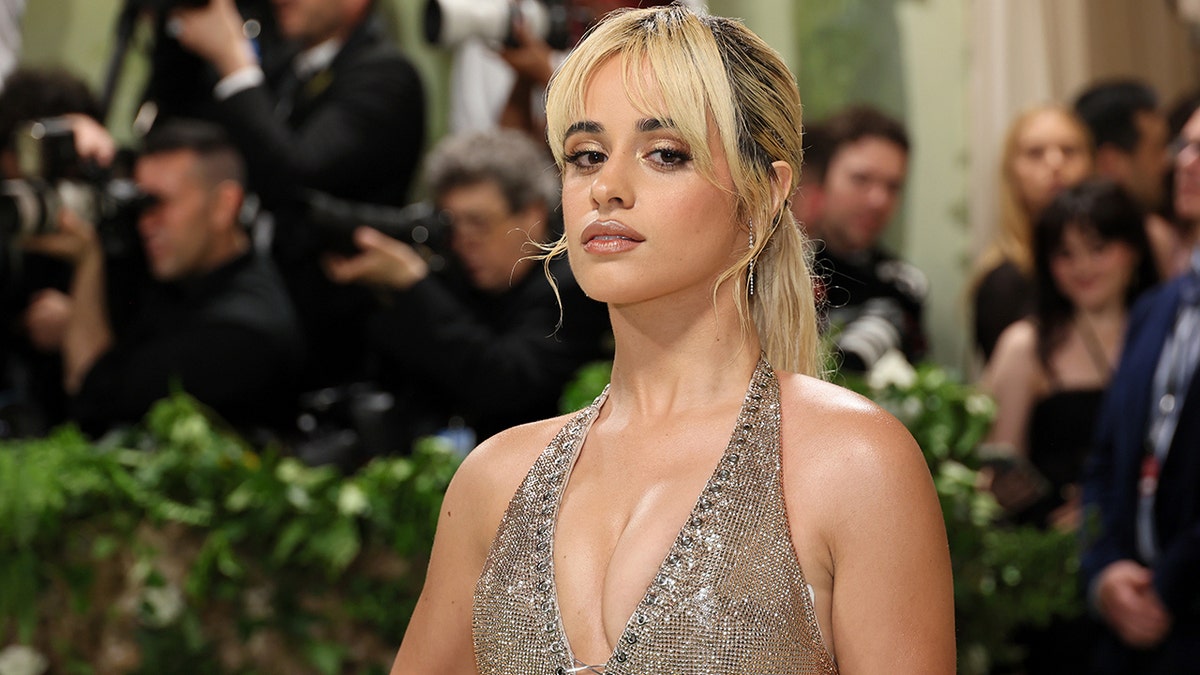 Camila Cabello in a plunging metallic gown looks serious as she stares down the camera at the Met Gala