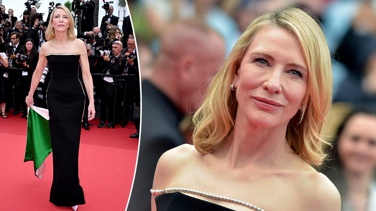 Cate Blanchett on the Cannes red carpet wearing a black dress with white and green at the train, the colors of Palestine