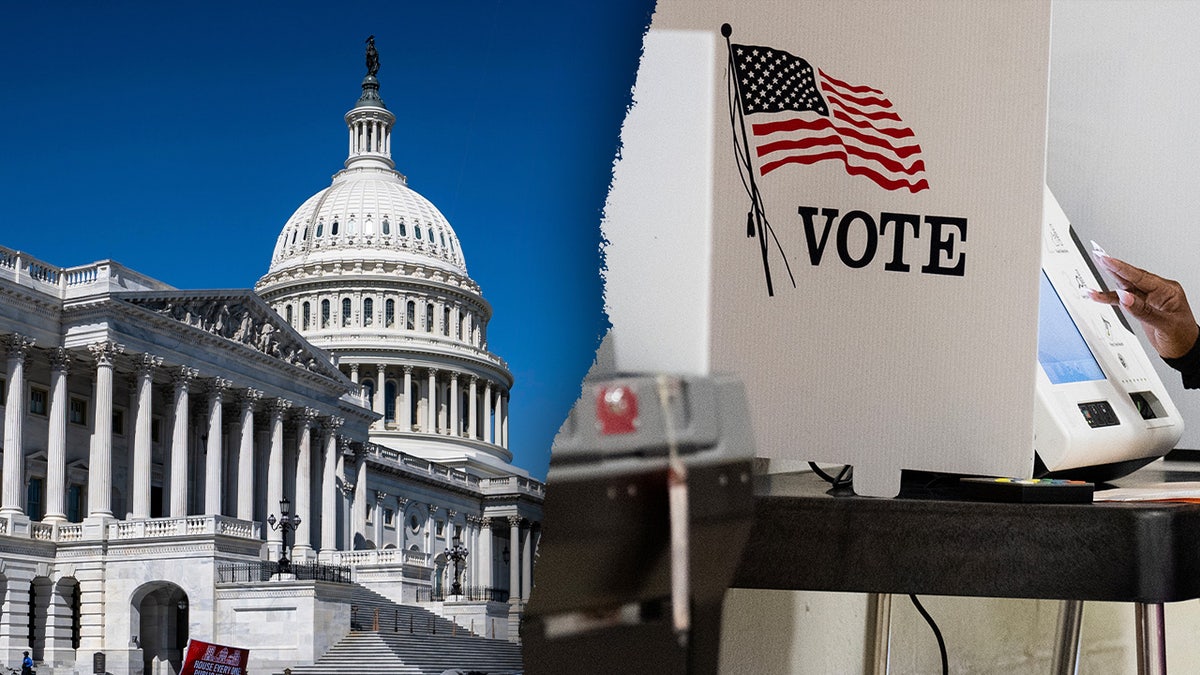 A split image of the US Capitol and a voting booth