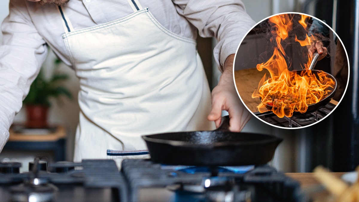 man cooking with inset of something on fire