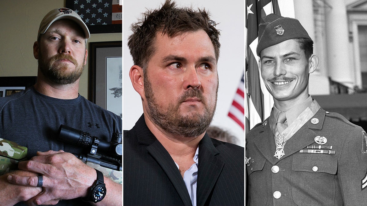 A photo split into three, displaying photos of Chris Kyle, Marcus Luttrell and Desmond Doss