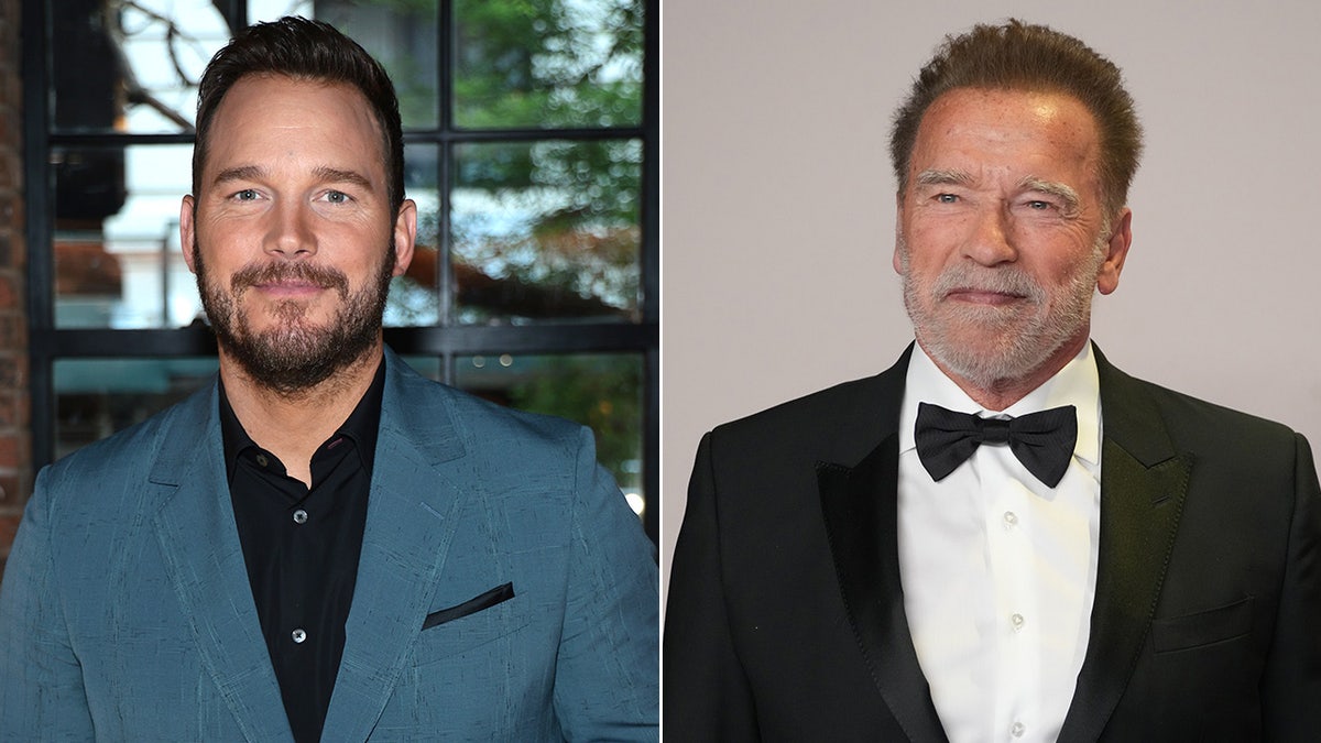 A split image of Chris Pratt and Arnold Schwarzenegger