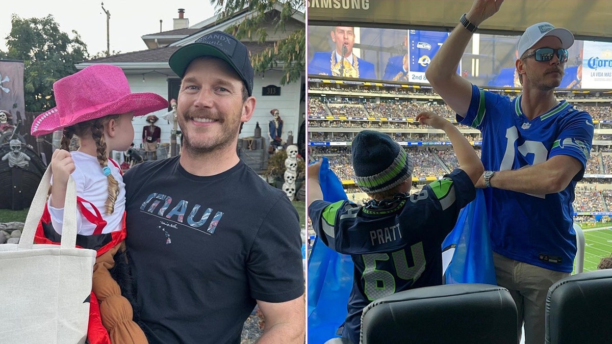Chris Pratt in a t-shirt that says Maui holds his daughter wearing a pink cowgirl hat and looking away from camera split Chris Pratt and his son wearing Seahawks gear at the game