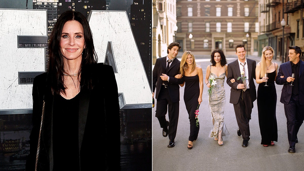A split image of Courteney Cox and the cast of "Friends"