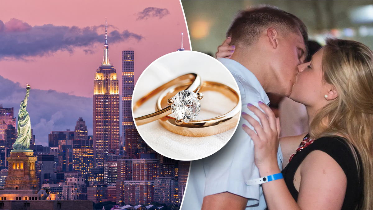 New York skyline, ring and couple