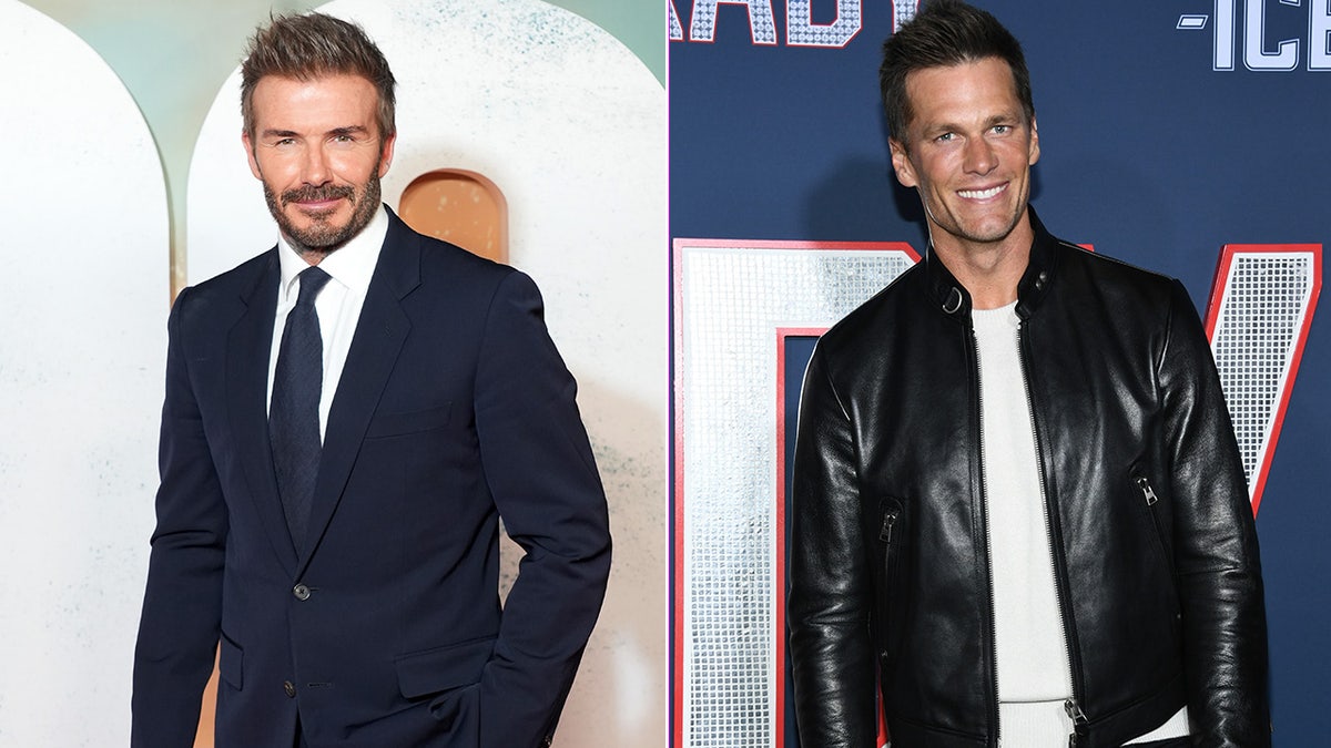 David Beckham smiles on carpet split with Tom Brady smiling on carpet