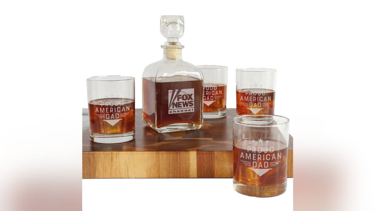 This decanter set is etched with Proud American Dad.