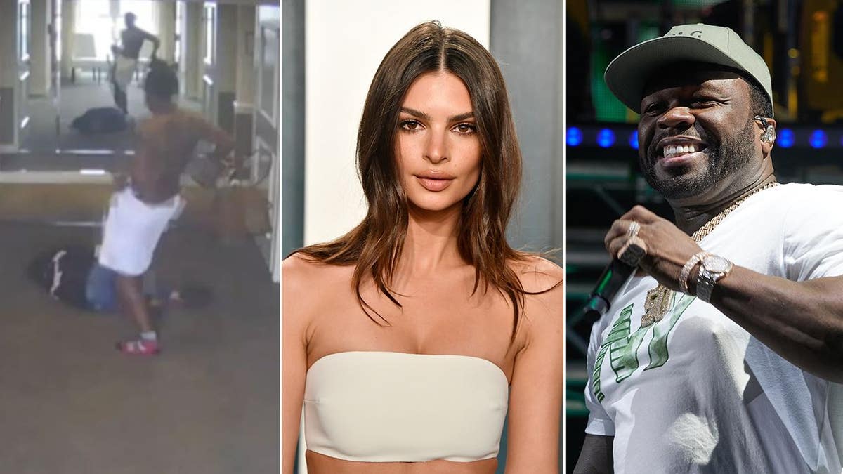 A split of the video of Combs allegedly beating his girlfriend and photos of EMily Ratajkowski and 50 Cent
