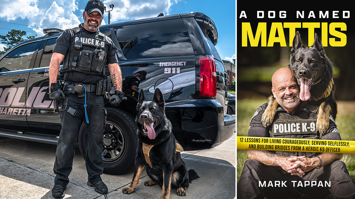 the cover of 'a dog named mattis' next to a photo of mark and mattis