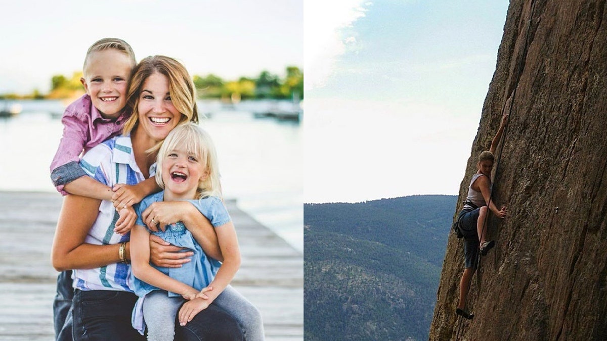 split: left, Brianne Dressen with children; right: Dressen climbing up cliff 