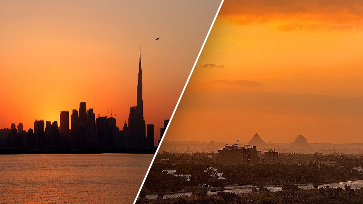 A side-by-side photo of the sunset in Dubai on the left and the sunset in Egypt on the right