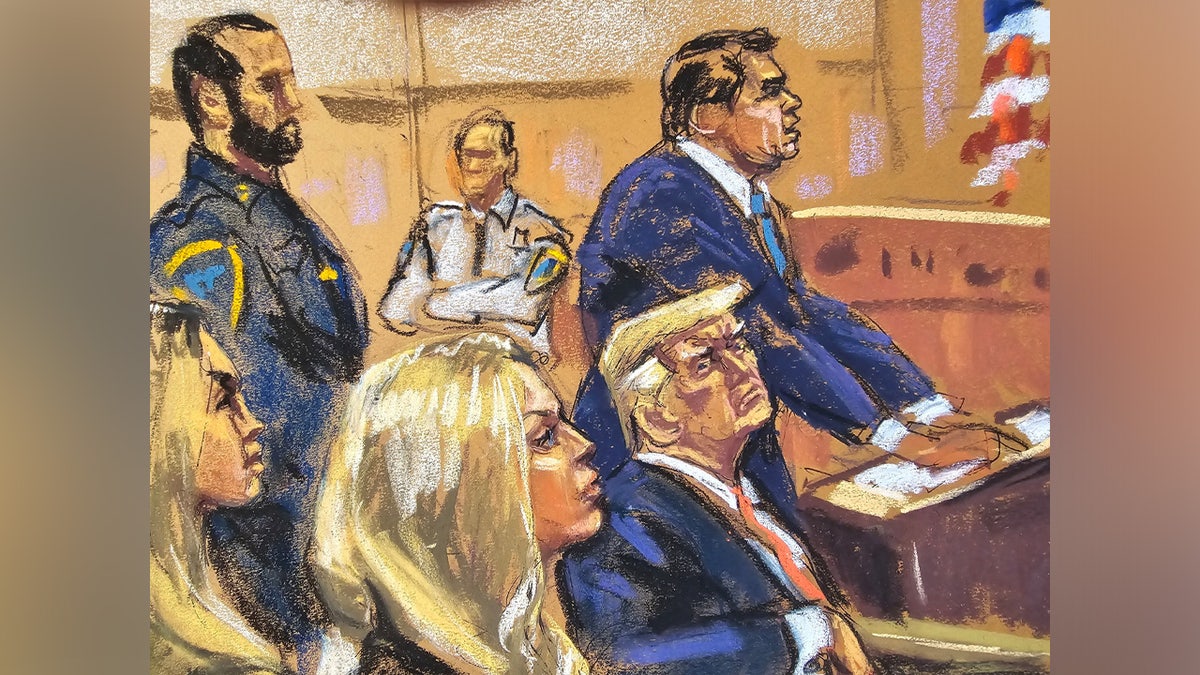 Tiffany and Lara Trump watch trial as Donald Trump sits at defense table in this sketch