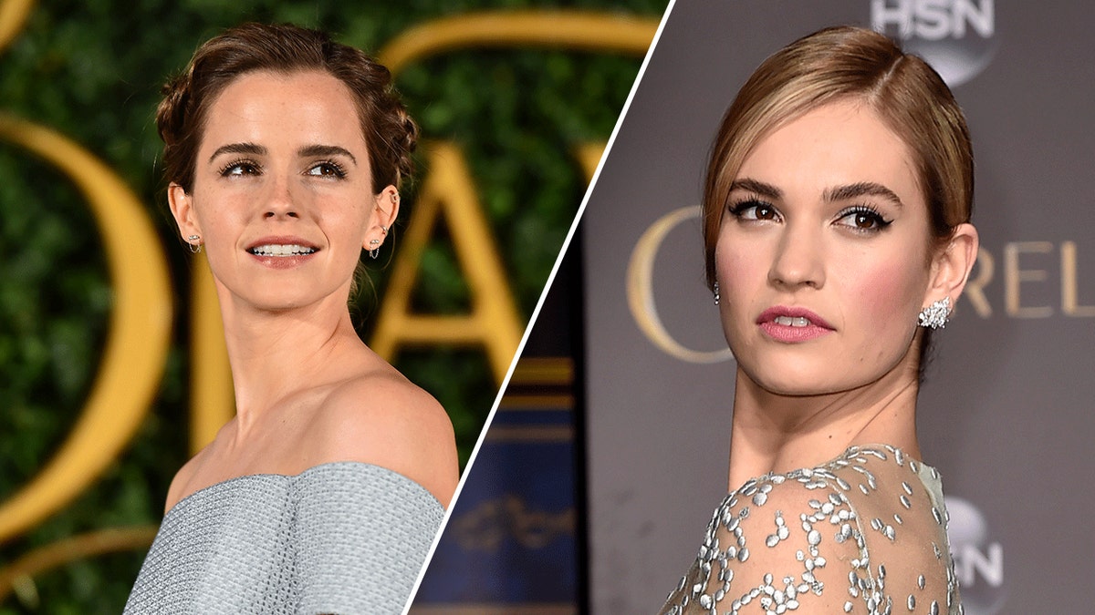 A split photo of Emma Watson at "Beauty and the Beast" premiere and Lily James at the "Cinderella" premiere