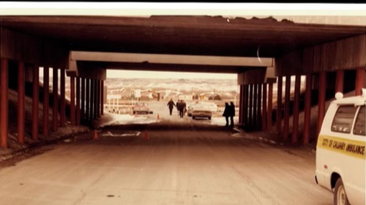 Happy Valley Overpass on Highway 1, a short distance outside the Calgary, where the bodies of Eva Dvorak and Patricia McQueen were found in 1976,