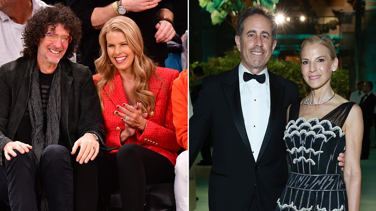 Howard Stern and his wife Beth in a red top sit courtside at a basketball game split Jerry Seinfeld in a classic tuxedo with his wife at the Met Gala