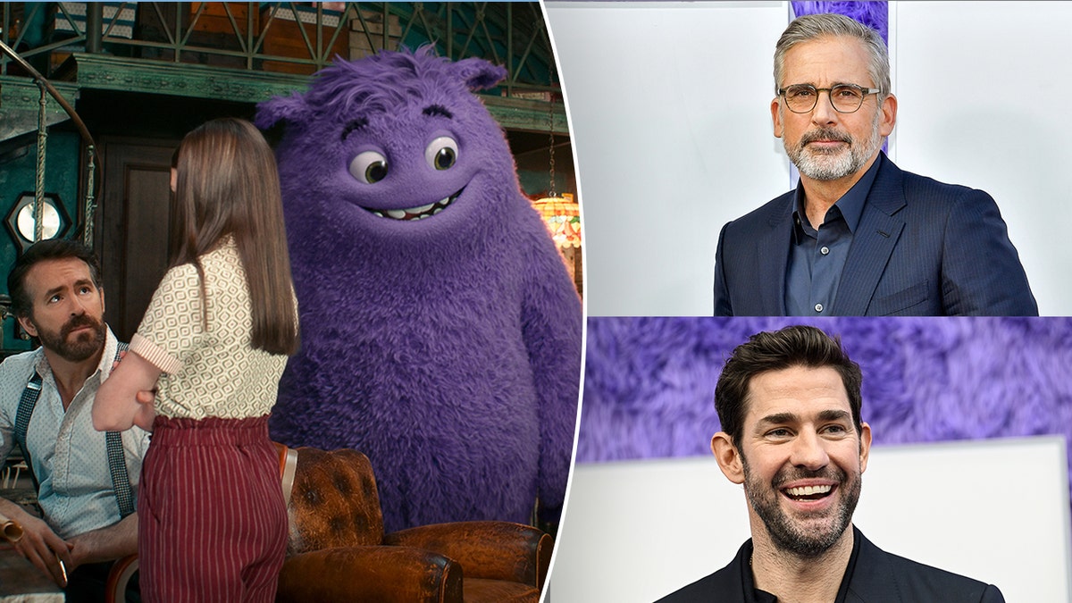 On left side of template, a scene from the movie "IF." The right side of template has two separate photos of Steve Carell and John Krasinski at the "IF" premiere