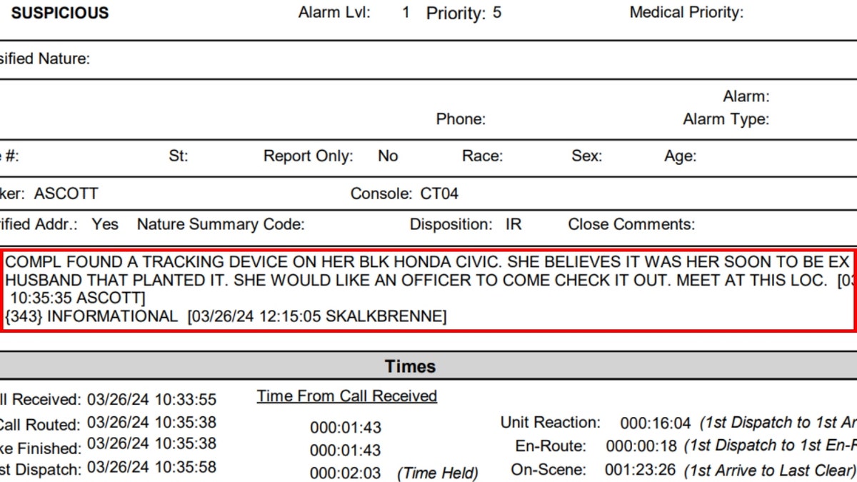 A screenshot of the police report from the March 24 tracker incident