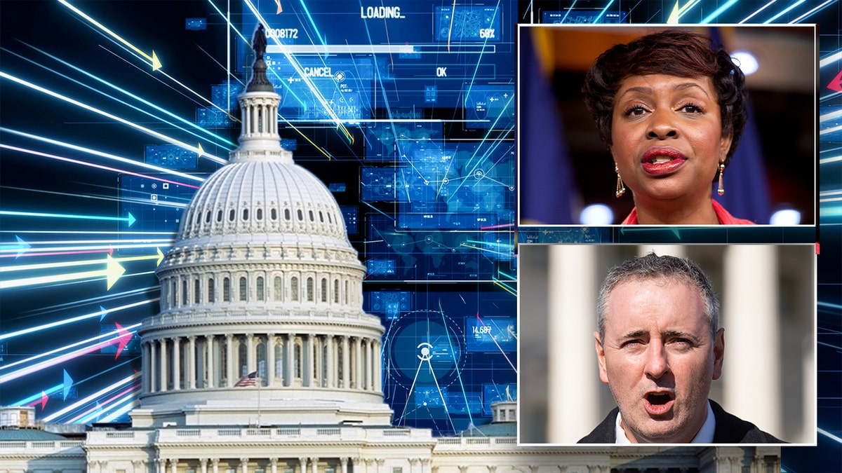 Insets of Reps. Yvette Clarke and Brian Fitzpatrick implicit    the US Capitol