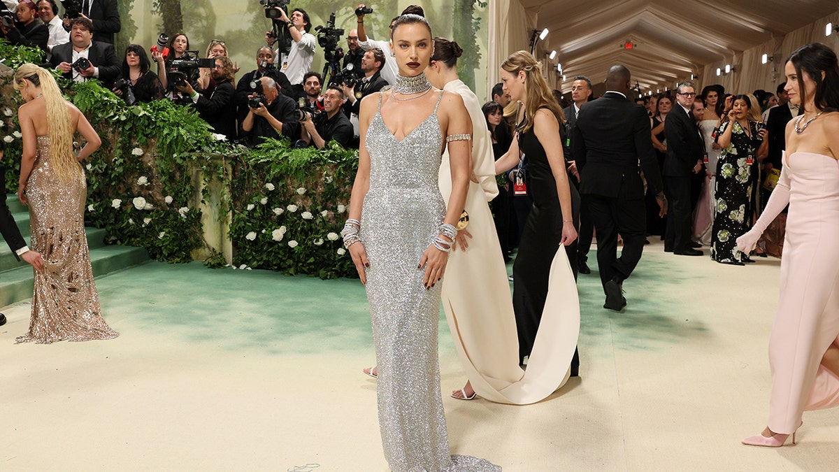 Irina Shayk walks 2024 Met Gala red carpet wearing Swarovski crystals.