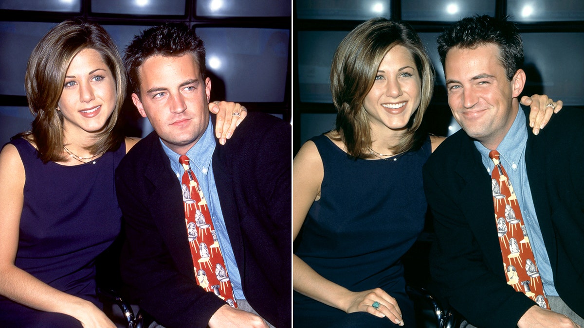 Jennifer Aniston in a blue dress puts her arm around Matthew Perry in a dark suit, blue shirt and red patterned tie split the same look but they're smiling for the camera