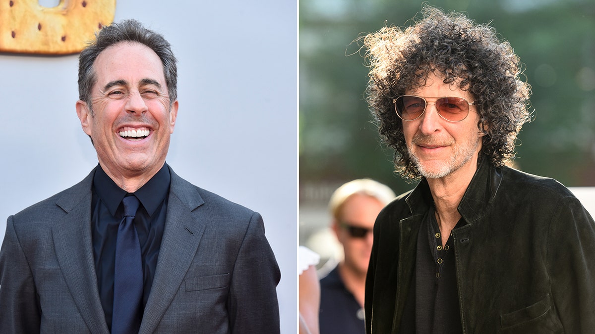 Jerry Seinfeld laughing n a black shirt and grey jacket on the carpet split Howard Stern in black and tinted sunglasses