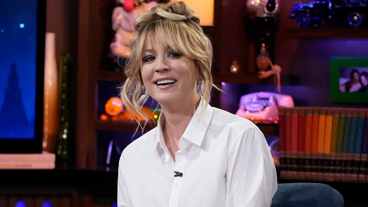 Kaley Cuoco wearing white on 'Watch What Happens Live!'