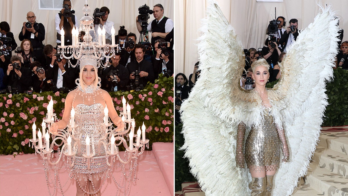 Katy Perry on the pink carpet at the Met Gala as a chandelier split Katy Perry with giant wings on the Met Gala carpet and a metallic dress