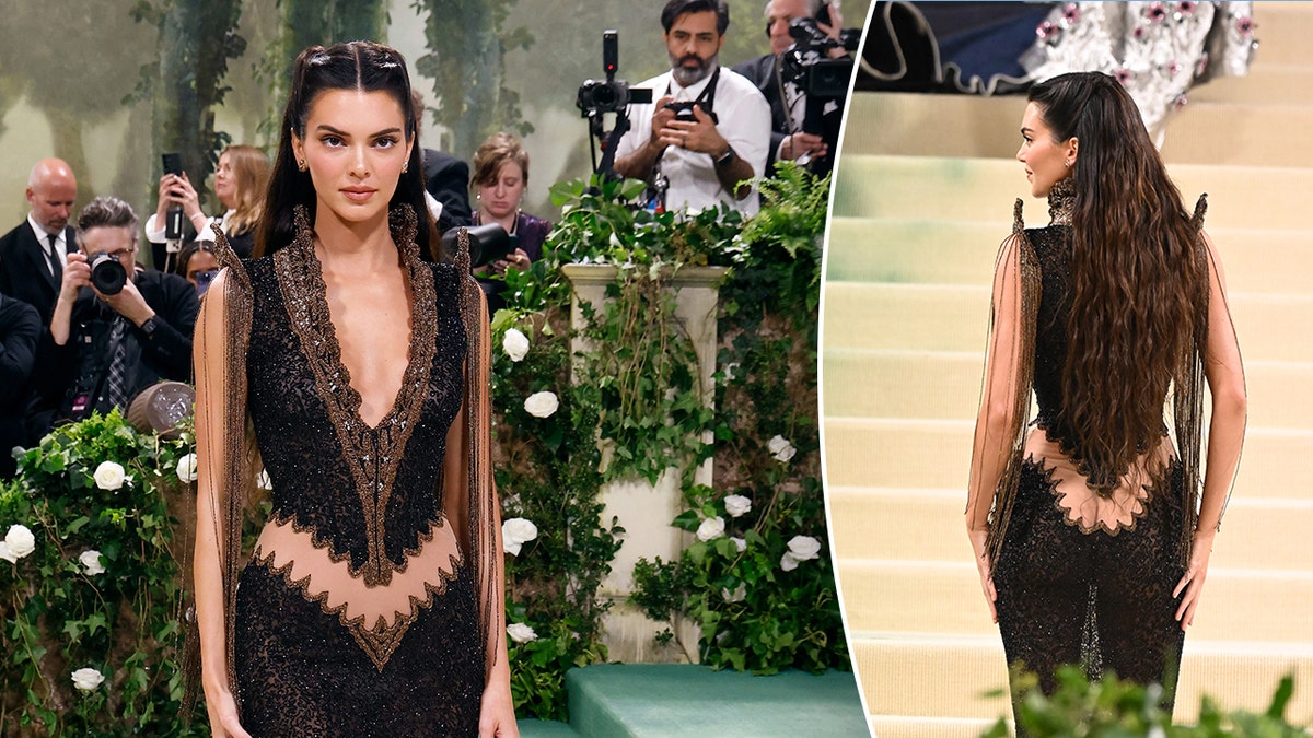 Two photos side by side of the front and back of Kendall Jenner's 2024 Met Gala look