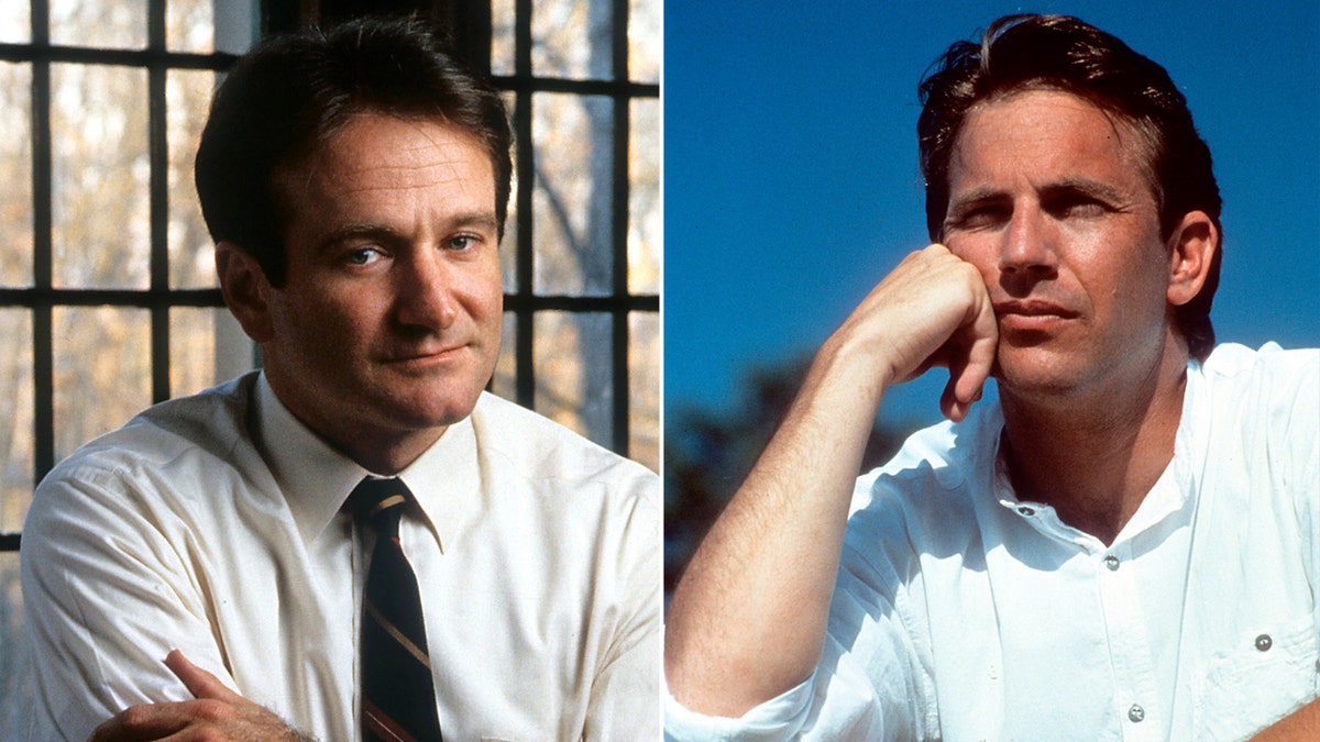 Kevin Costner and Robin Williams, split, in Dead Poets Society and Field of Dreams