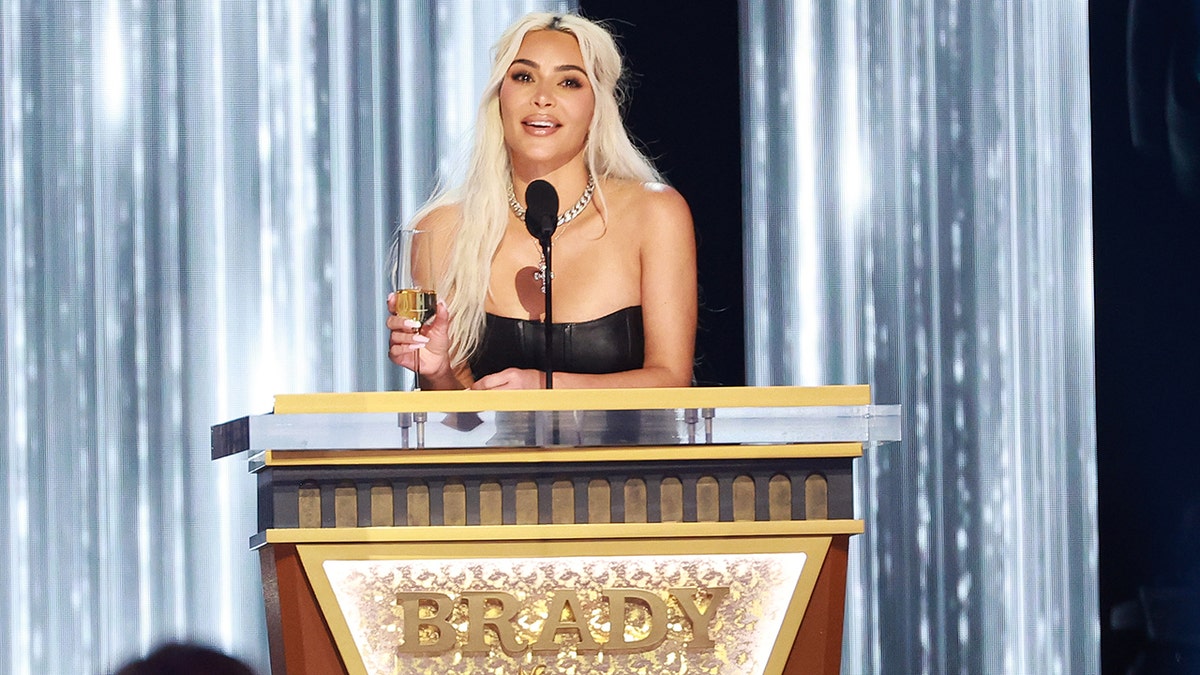 Kim Kardashian on stage during the Tom Brady Netflix roast